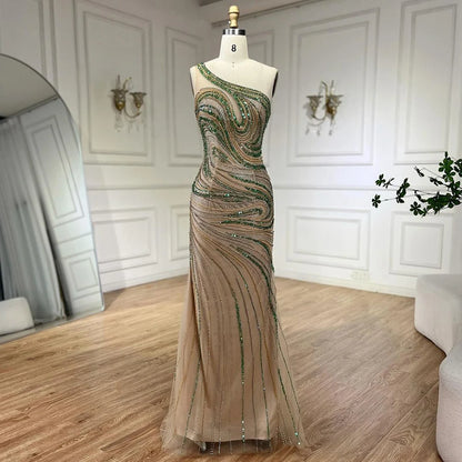 Serene Hill 2025 Green One Shoulder Long Cloak Mermaid Beaded Luxury Evening Dresses Gowns for Women Wedding Party LA72282 - SERENE HILL
