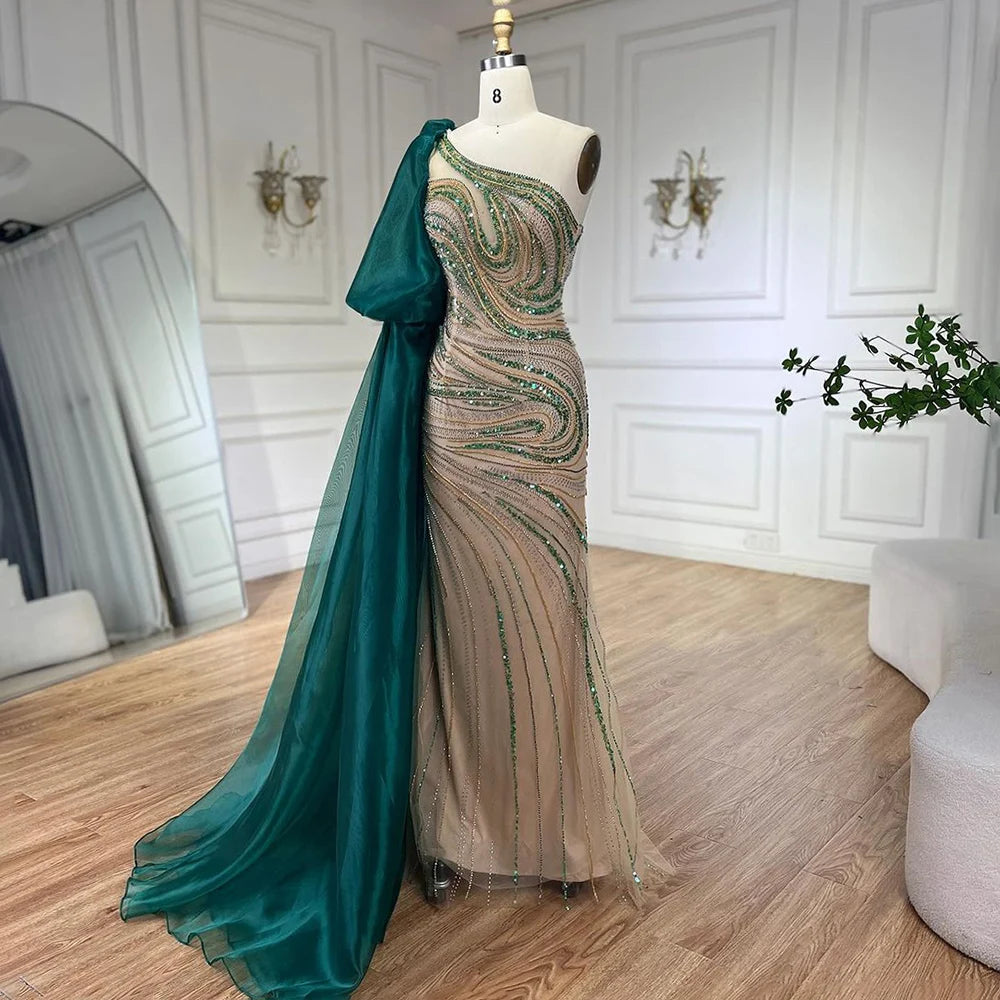 Serene Hill 2025 Green One Shoulder Long Cloak Mermaid Beaded Luxury Evening Dresses Gowns for Women Wedding Party LA72282 - SERENE HILL