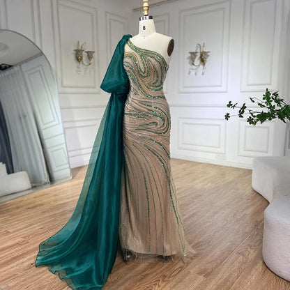 Serene Hill 2025 Green One Shoulder Long Cloak Mermaid Beaded Luxury Evening Dresses Gowns for Women Wedding Party LA72282 - SERENE HILL