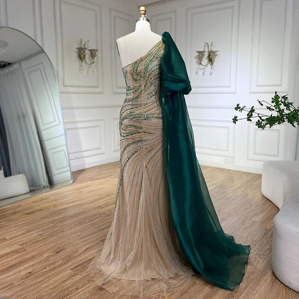 Serene Hill 2025 Green One Shoulder Long Cloak Mermaid Beaded Luxury Evening Dresses Gowns for Women Wedding Party LA72282 - SERENE HILL