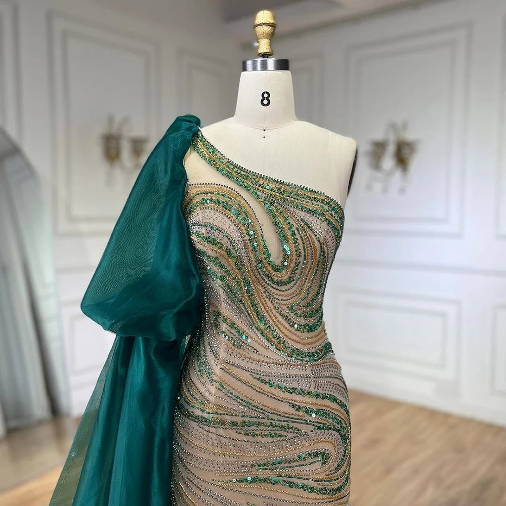 Serene Hill 2025 Green One Shoulder Long Cloak Mermaid Beaded Luxury Evening Dresses Gowns for Women Wedding Party LA72282 - SERENE HILL