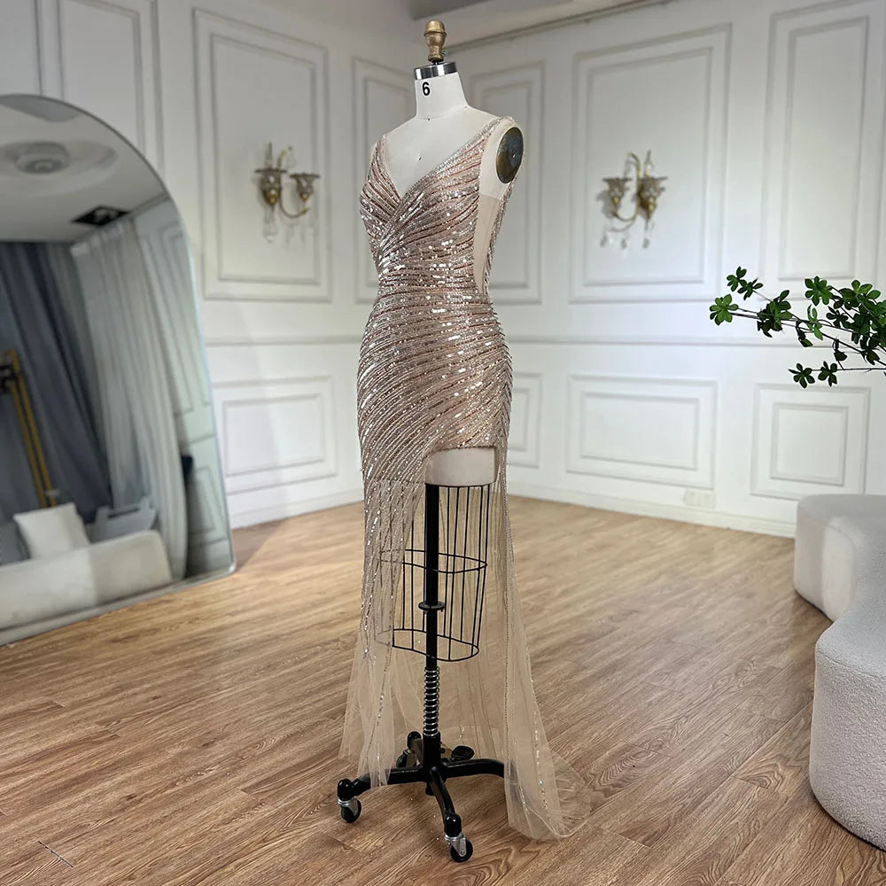 Serene Hill 2025 Gold Mermaid Spaghetti Strap Side Split Beaded Luxury Evening Dresses Gowns for Women Wedding Party LA72614 - SERENE HILL