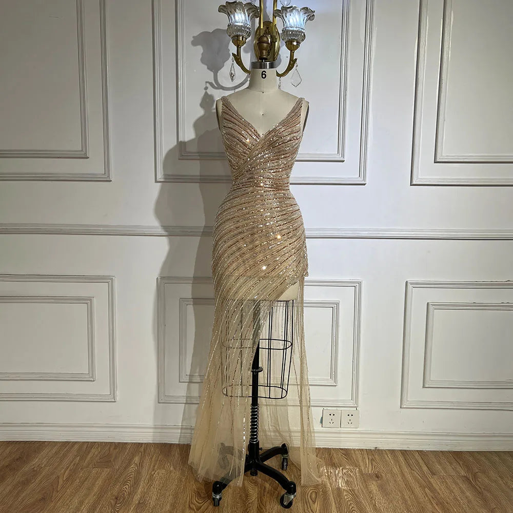 Serene Hill 2025 Gold Mermaid Spaghetti Strap Side Split Beaded Luxury Evening Dresses Gowns for Women Wedding Party LA72614 - SERENE HILL