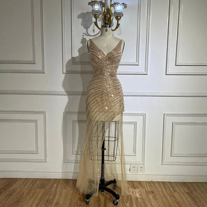 Serene Hill 2025 Gold Mermaid Spaghetti Strap Side Split Beaded Luxury Evening Dresses Gowns for Women Wedding Party LA72614 - SERENE HILL