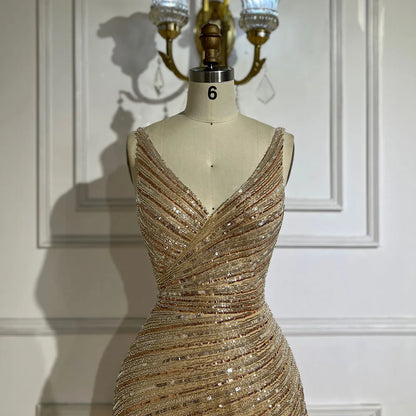 Serene Hill 2025 Gold Mermaid Spaghetti Strap Side Split Beaded Luxury Evening Dresses Gowns for Women Wedding Party LA72614 - SERENE HILL