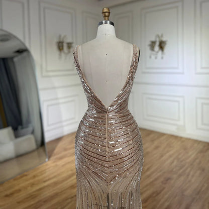 Serene Hill 2025 Gold Mermaid Spaghetti Strap Side Split Beaded Luxury Evening Dresses Gowns for Women Wedding Party LA72614 - SERENE HILL