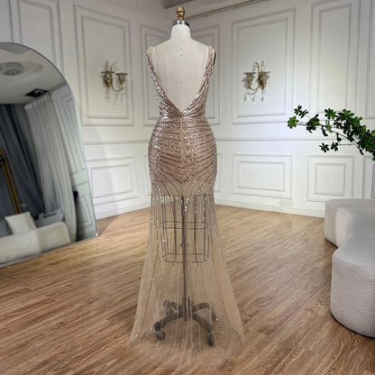 Serene Hill 2025 Gold Mermaid Spaghetti Strap Side Split Beaded Luxury Evening Dresses Gowns for Women Wedding Party LA72614 - SERENE HILL