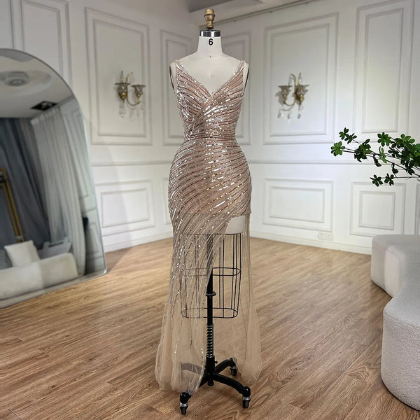 Serene Hill 2025 Gold Mermaid Spaghetti Strap Side Split Beaded Luxury Evening Dresses Gowns for Women Wedding Party LA72614