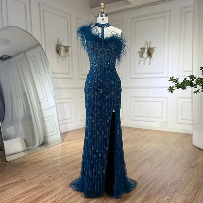 Serene Hill 2025 Gray Elegant Halter Feathers Beaded Luxury Mermaid High Split Evening Dresses Party Gowns for Women LA72452 - SERENE HILL