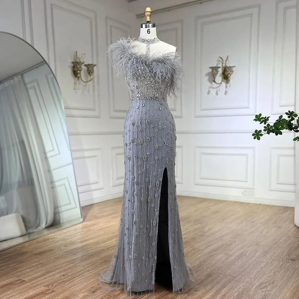 Serene Hill 2025 Gray Elegant Halter Feathers Beaded Luxury Mermaid High Split Evening Dresses Party Gowns for Women LA72452 - SERENE HILL