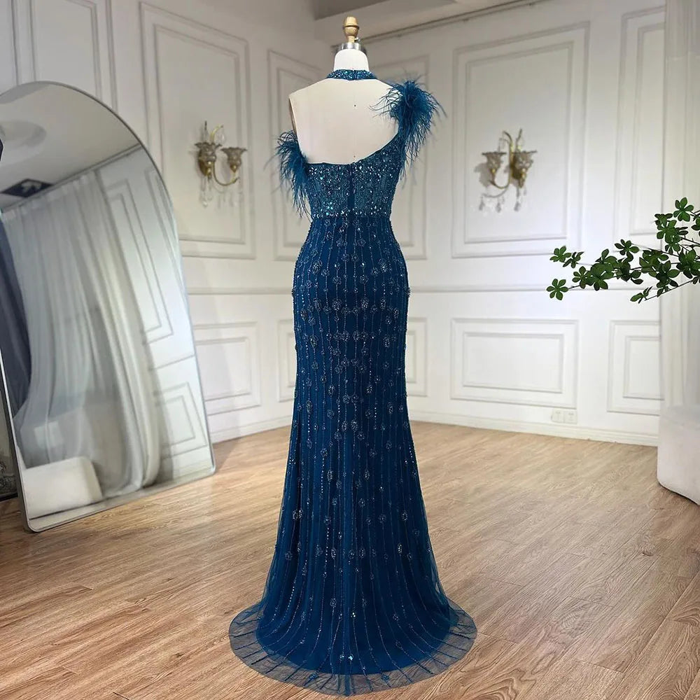 Serene Hill 2025 Gray Elegant Halter Feathers Beaded Luxury Mermaid High Split Evening Dresses Party Gowns for Women LA72452 - SERENE HILL
