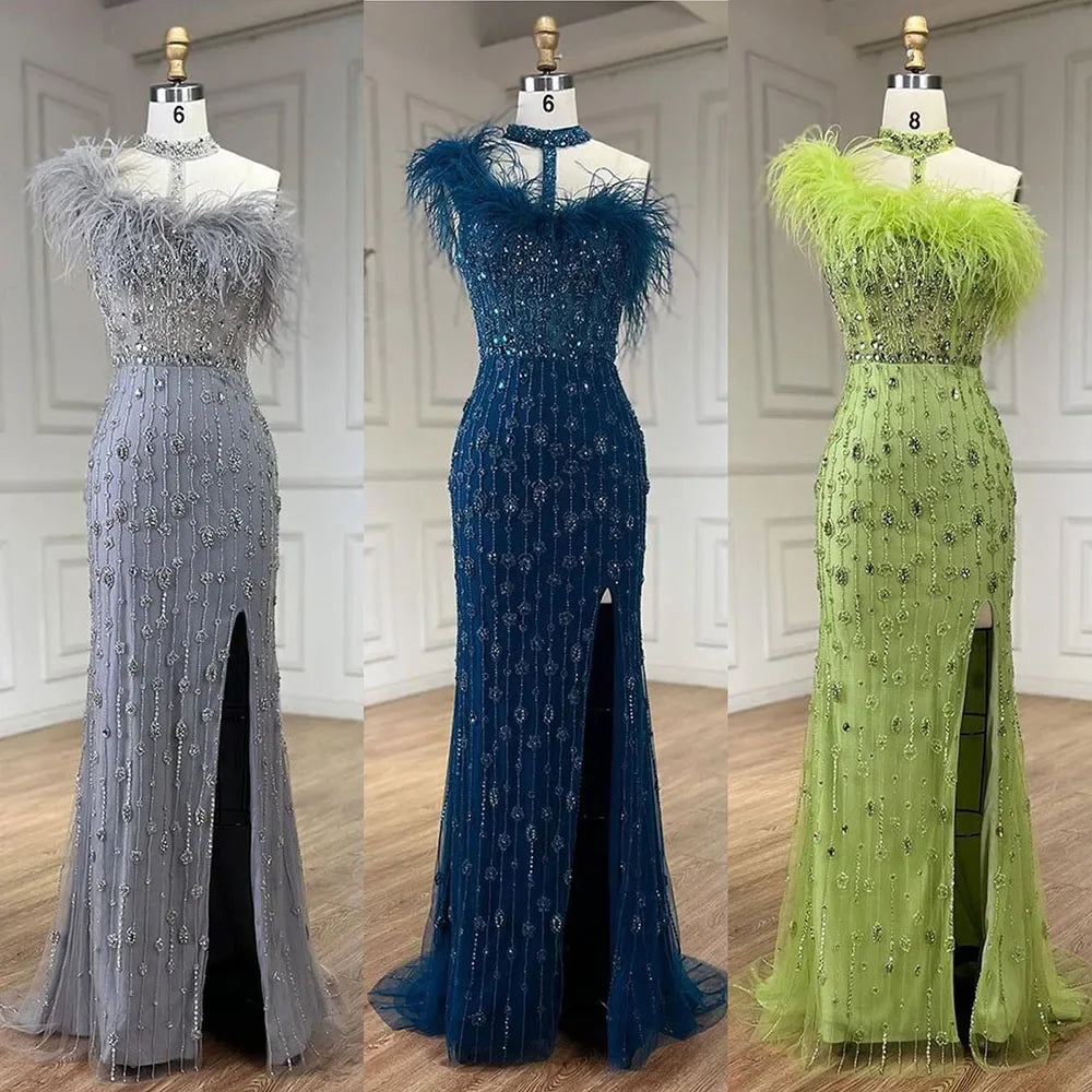 Serene Hill 2025 Gray Elegant Halter Feathers Beaded Luxury Mermaid High Split Evening Dresses Party Gowns for Women LA72452 - SERENE HILL