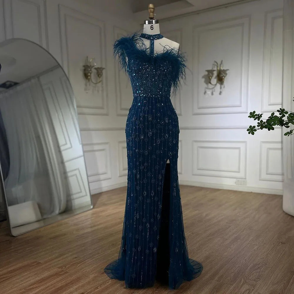 Serene Hill 2025 Gray Elegant Halter Feathers Beaded Luxury Mermaid High Split Evening Dresses Party Gowns for Women LA72452 - SERENE HILL