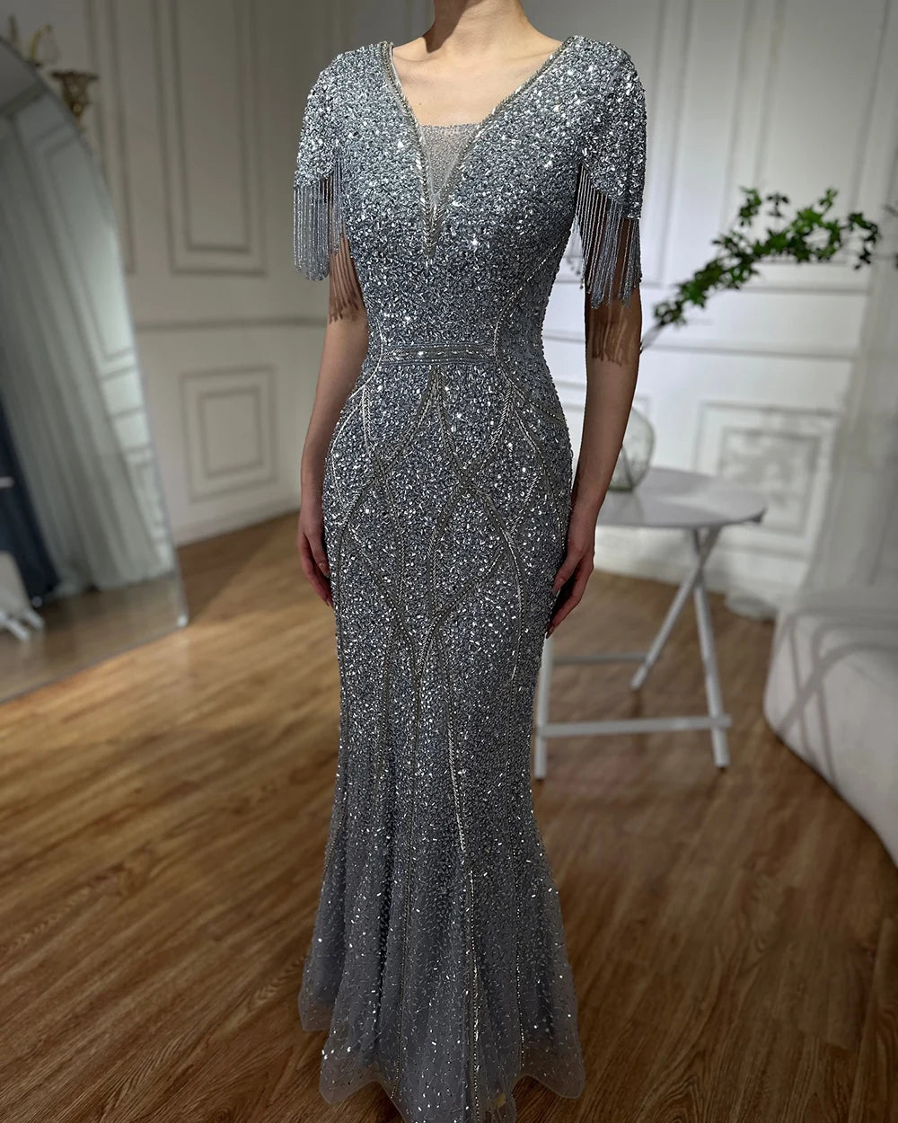 Luxury Dubai Gray Saudi Arabic Evening Gown with Beaded Tassel Dress for Formal Occasion LA72743 - SERENE HILL