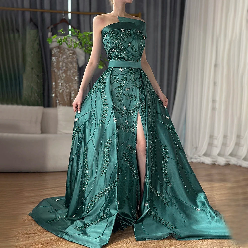 Luxury Green One Shoulder Satin Evening Dress with Overskirt LA72178 - SERENE HILL