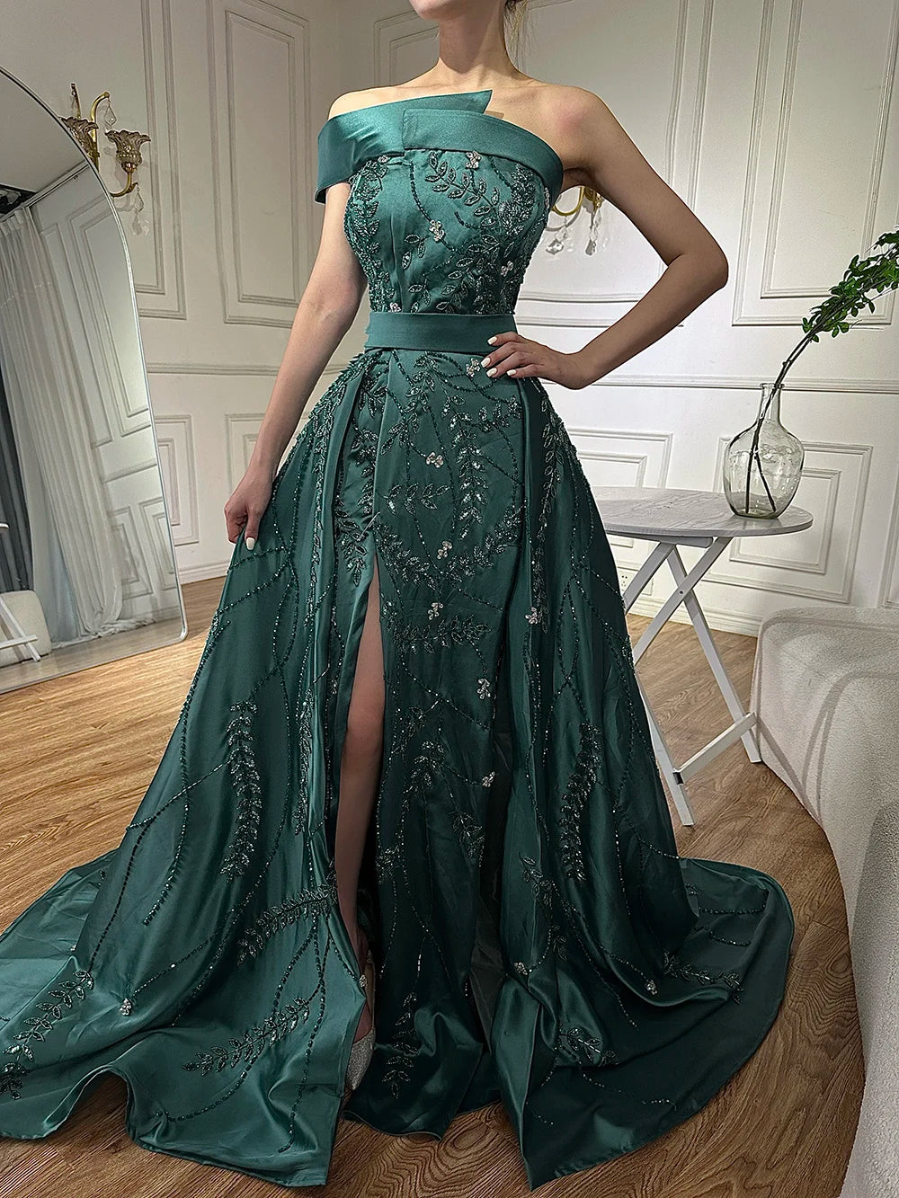 Luxury Green One Shoulder Satin Evening Dress with Overskirt LA72178 - SERENE HILL