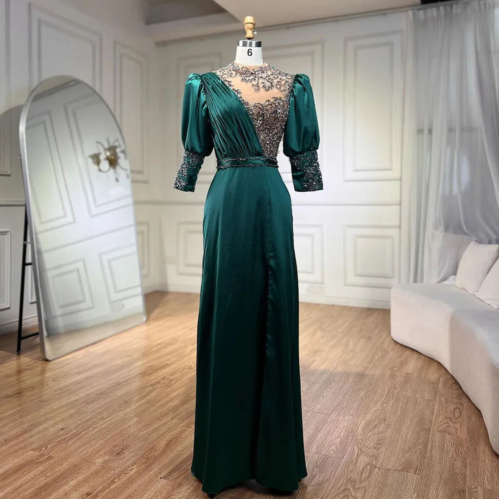 Serene Hill 2025 Green Satin Three Quarter Mermaid Evening Dresses Gowns Elegant Lace Beaded for Women Wedding Party LA71510A - SERENE HILL