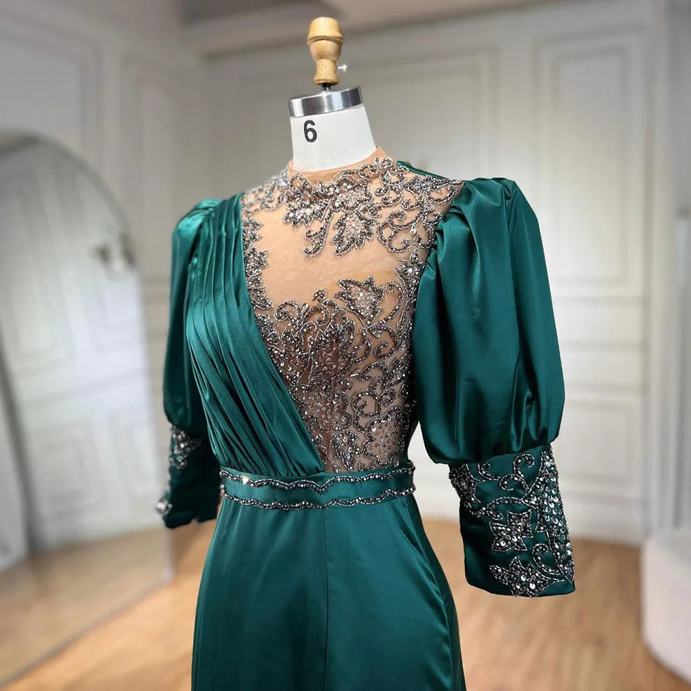 Serene Hill 2025 Green Satin Three Quarter Mermaid Evening Dresses Gowns Elegant Lace Beaded for Women Wedding Party LA71510A - SERENE HILL