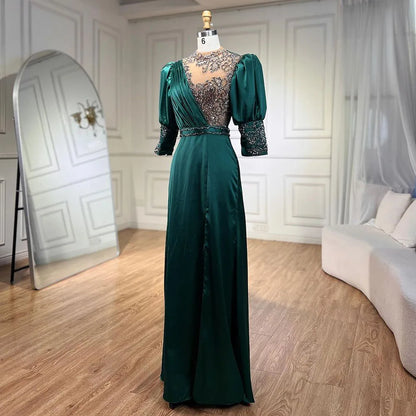 Serene Hill 2025 Green Satin Three Quarter Mermaid Evening Dresses Gowns Elegant Lace Beaded for Women Wedding Party LA71510A - SERENE HILL