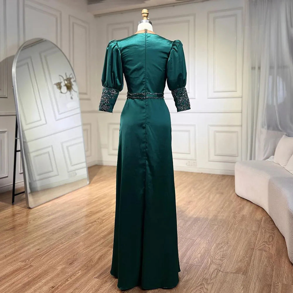 Serene Hill 2025 Green Satin Three Quarter Mermaid Evening Dresses Gowns Elegant Lace Beaded for Women Wedding Party LA71510A - SERENE HILL