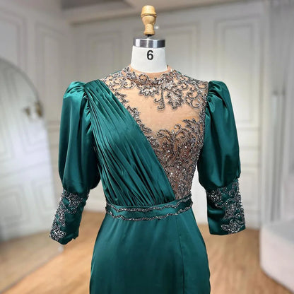 Serene Hill 2025 Green Satin Three Quarter Mermaid Evening Dresses Gowns Elegant Lace Beaded for Women Wedding Party LA71510A - SERENE HILL