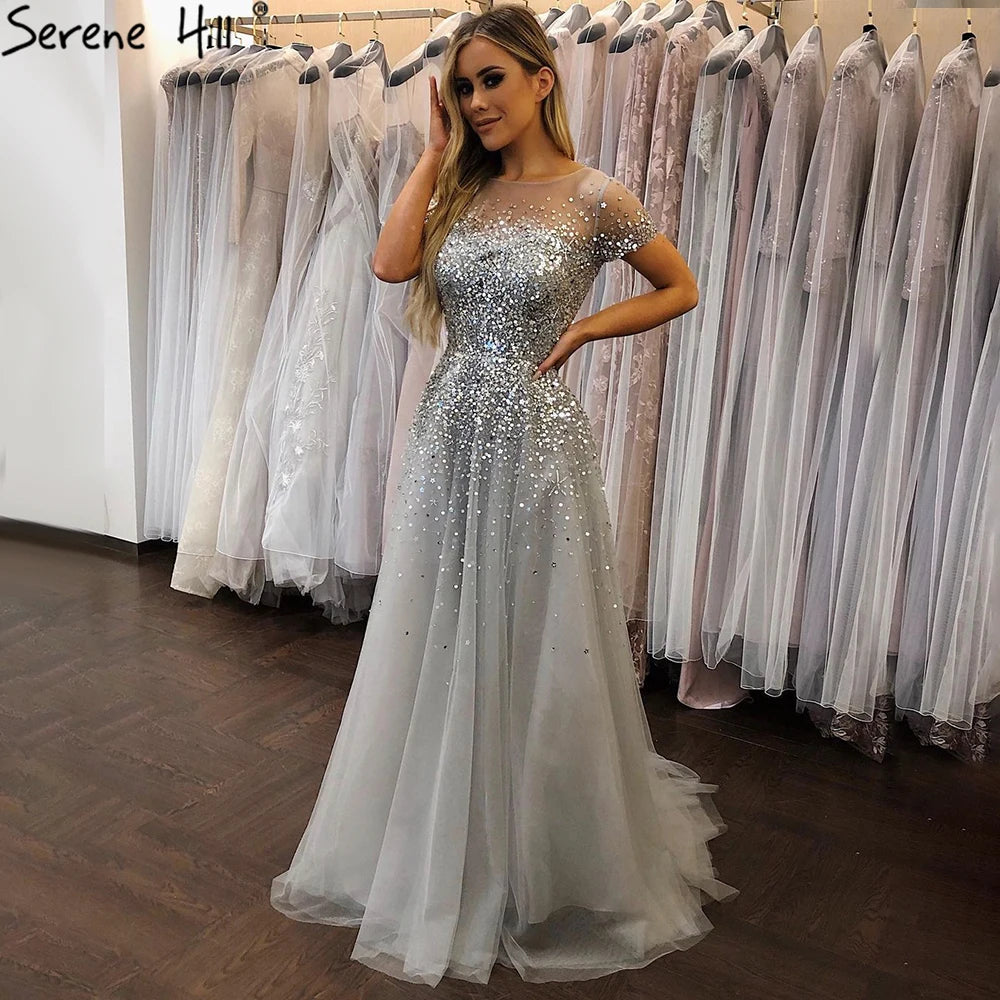 On Sale no return no refundSerene Hill 2025 Grey Luxury A Line Evening Dresses with Short Sleeves and Beaded Elegant Gowns for Women&