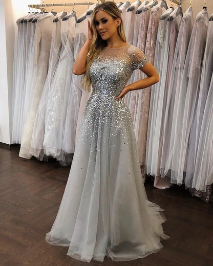 On Sale no return no refundSerene Hill 2025 Grey Luxury A Line Evening Dresses with Short Sleeves and Beaded Elegant Gowns for Women&