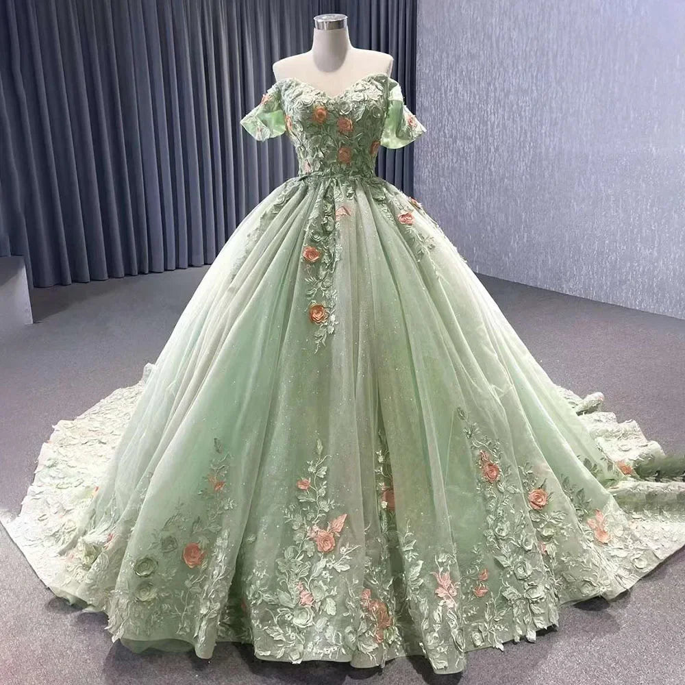 Serene Hill 2025 High End Custom Dubai Sage Green Elegant Boat Neck Wedding Dress Appliques Bridal Gowns HM222240B - SERENE HILL