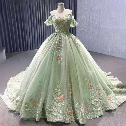 Serene Hill 2025 High End Custom Dubai Sage Green Elegant Boat Neck Wedding Dress Appliques Bridal Gowns HM222240B - SERENE HILL