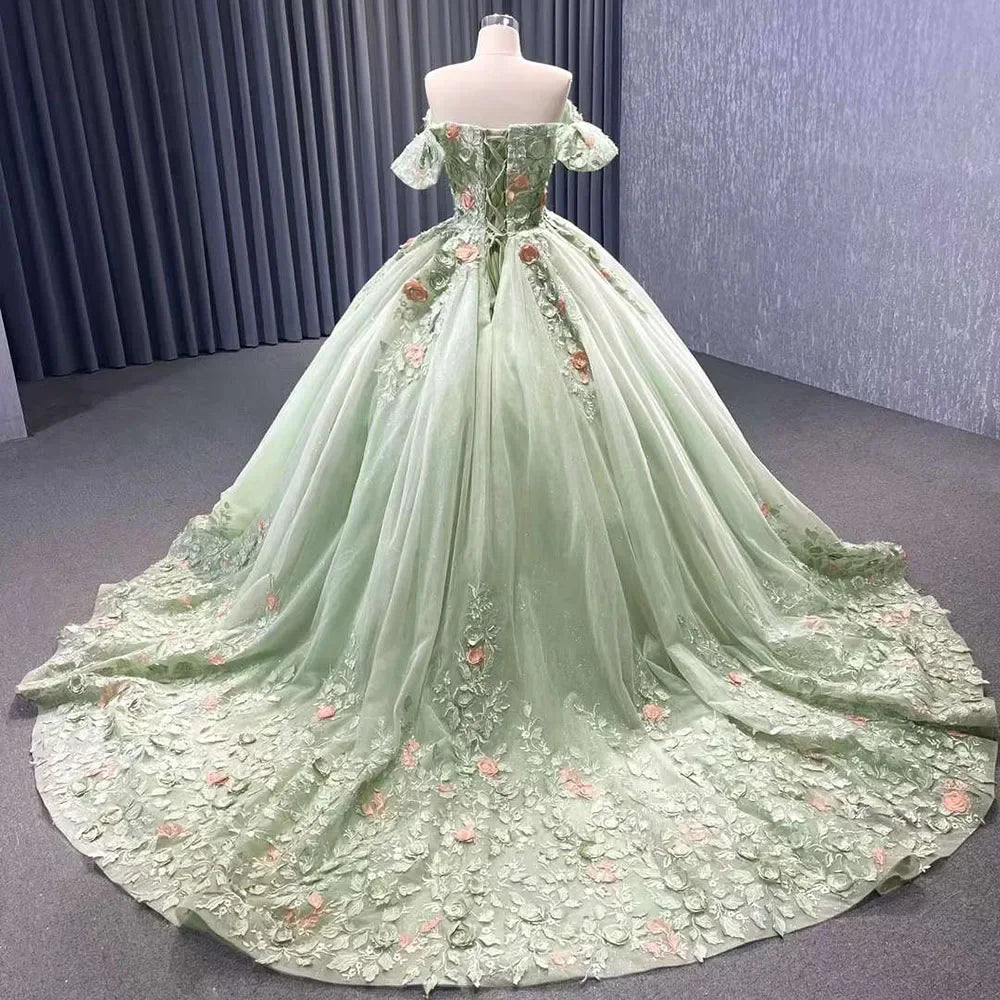 Serene Hill 2025 High End Custom Dubai Sage Green Elegant Boat Neck Wedding Dress Appliques Bridal Gowns HM222240B - SERENE HILL