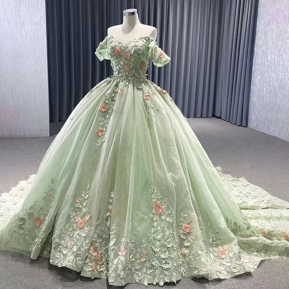 Serene Hill 2025 High End Custom Dubai Sage Green Elegant Boat Neck Wedding Dress Appliques Bridal Gowns HM222240B - SERENE HILL
