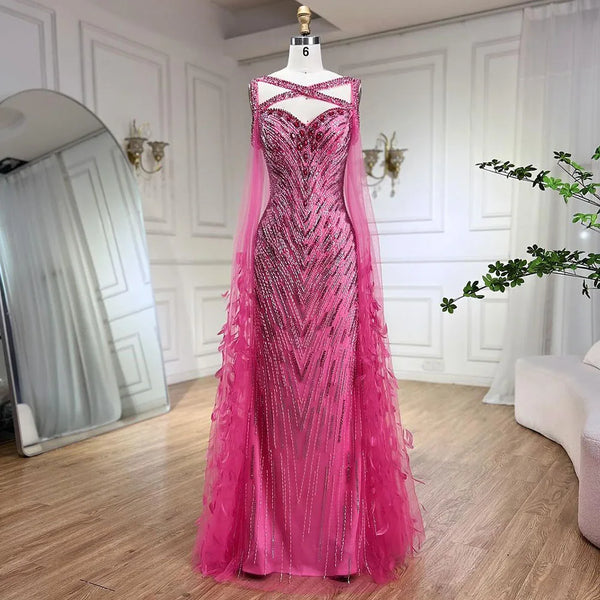 Serene Hill 2025 Ladies Wedding Party Fuchsia Elegant Cape Sleeve Mermaid Luxury Beaded Feather Evening Dress Long Dress LA72286