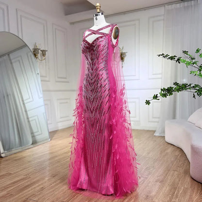 Luxury Fuchsia Mermaid Evening Dress with Cape Sleeves and Feathers LA72286 - SERENE HILL