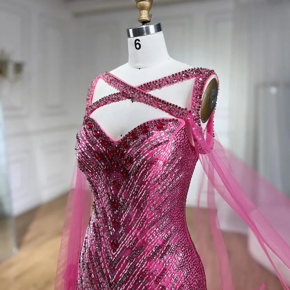 Luxury Fuchsia Mermaid Evening Dress with Cape Sleeves and Feathers LA72286 - SERENE HILL