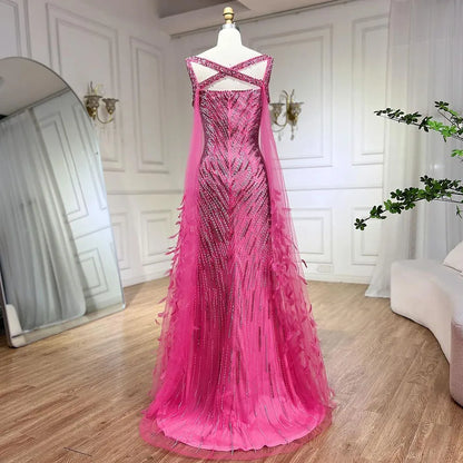 Luxury Fuchsia Mermaid Evening Dress with Cape Sleeves and Feathers LA72286 - SERENE HILL