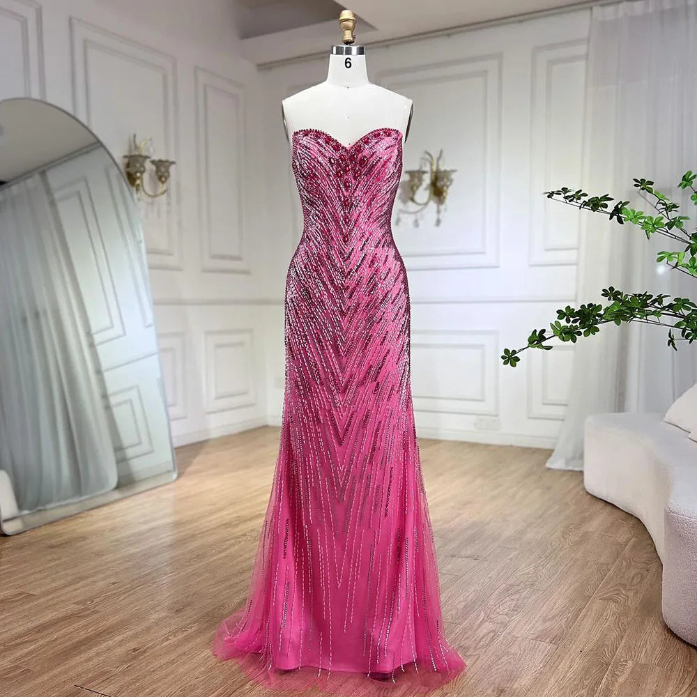 Luxury Fuchsia Mermaid Evening Dress with Cape Sleeves and Feathers LA72286 - SERENE HILL