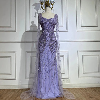 Serene Hill Lilac Cape Sleeves Mermaid Lace Beaded Luxury Dubai Long Evening Dresses Gowns for Women Wedding Party LA72697 - SERENE HILL