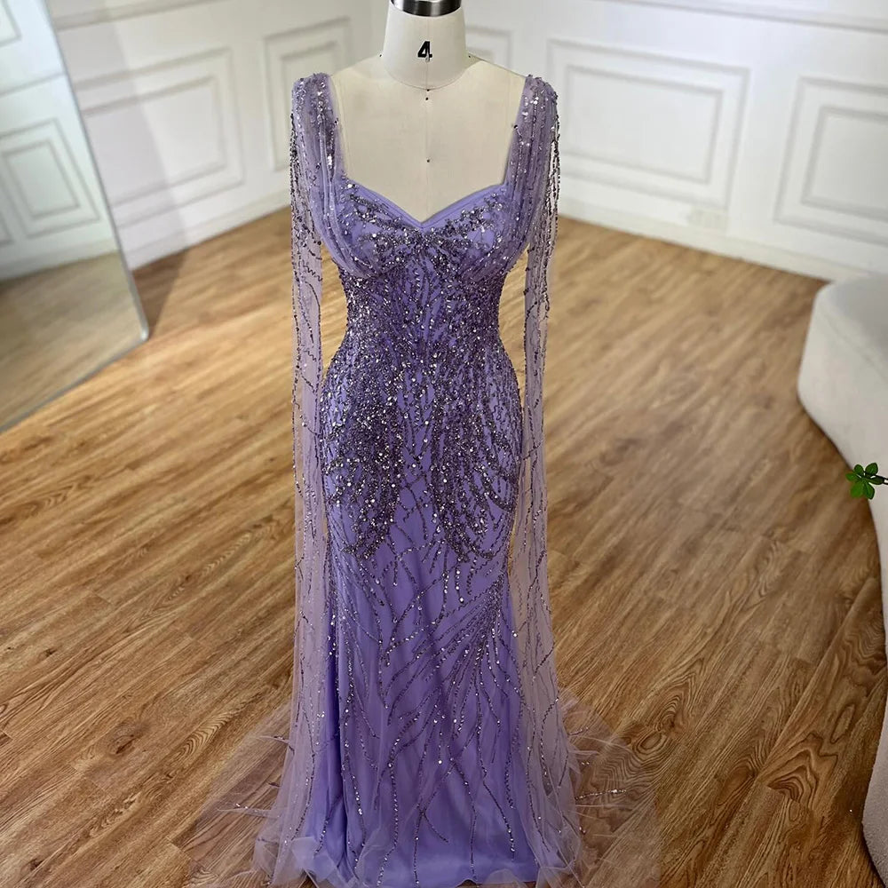 Serene Hill Lilac Cape Sleeves Mermaid Lace Beaded Luxury Dubai Long Evening Dresses Gowns for Women Wedding Party LA72697 - SERENE HILL