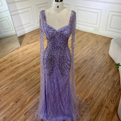 Serene Hill Lilac Cape Sleeves Mermaid Lace Beaded Luxury Dubai Long Evening Dresses Gowns for Women Wedding Party LA72697 - SERENE HILL