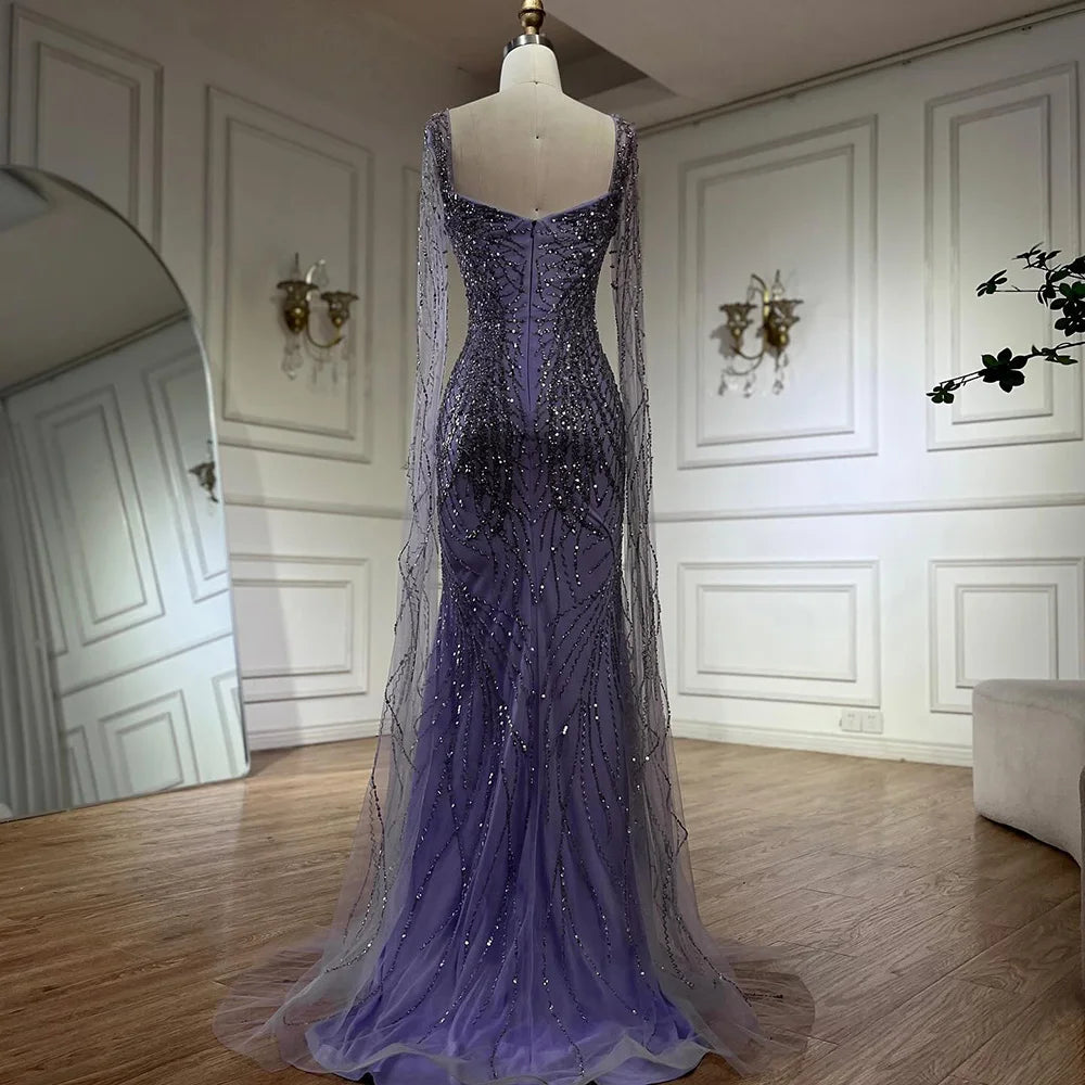 Serene Hill Lilac Cape Sleeves Mermaid Lace Beaded Luxury Dubai Long Evening Dresses Gowns for Women Wedding Party LA72697 - SERENE HILL