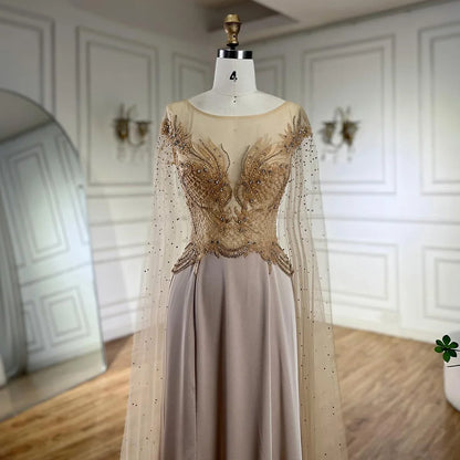 Serene Hill Nude Cape Sleeves Satin A Line Lace Beaded Luxury Dubai Evening Dresses Gowns for Women Wedding Party LA72702 - SERENE HILL