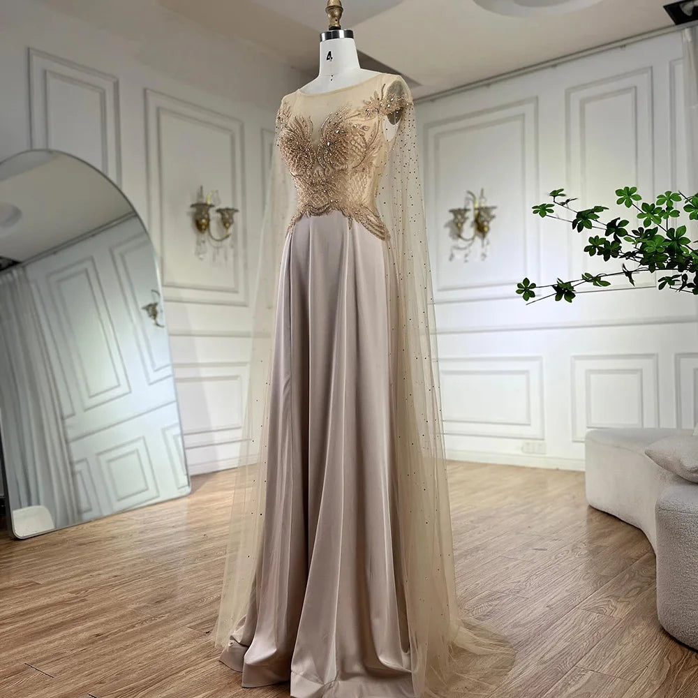 Serene Hill Nude Cape Sleeves Satin A Line Lace Beaded Luxury Dubai Evening Dresses Gowns for Women Wedding Party LA72702 - SERENE HILL