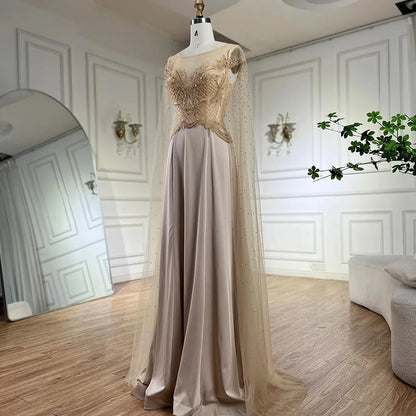 Serene Hill Nude Cape Sleeves Satin A Line Lace Beaded Luxury Dubai Evening Dresses Gowns for Women Wedding Party LA72702 - SERENE HILL