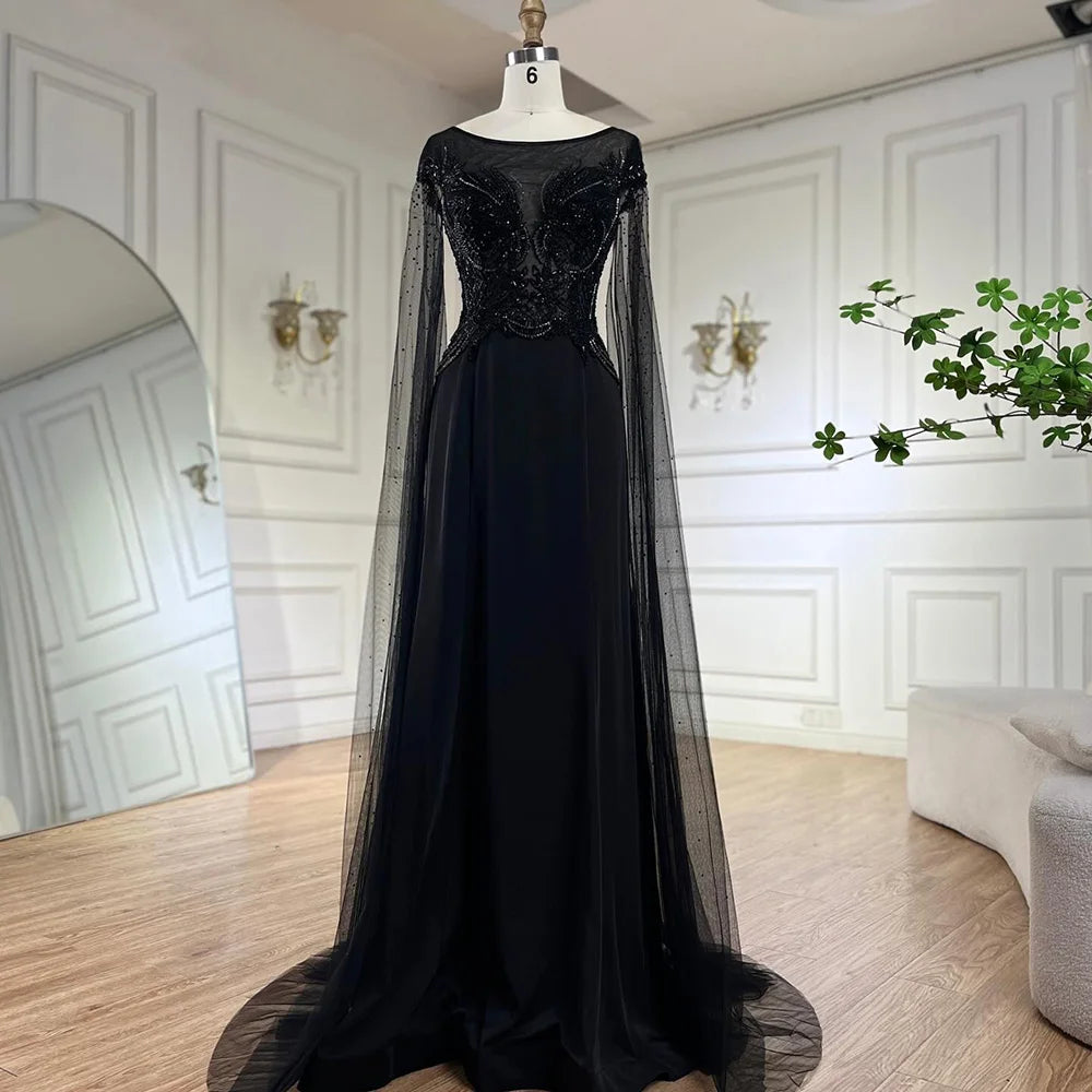 Serene Hill Nude Cape Sleeves Satin A Line Lace Beaded Luxury Dubai Evening Dresses Gowns for Women Wedding Party LA72702 - SERENE HILL