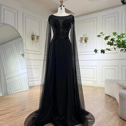 Serene Hill Nude Cape Sleeves Satin A Line Lace Beaded Luxury Dubai Evening Dresses Gowns for Women Wedding Party LA72702 - SERENE HILL
