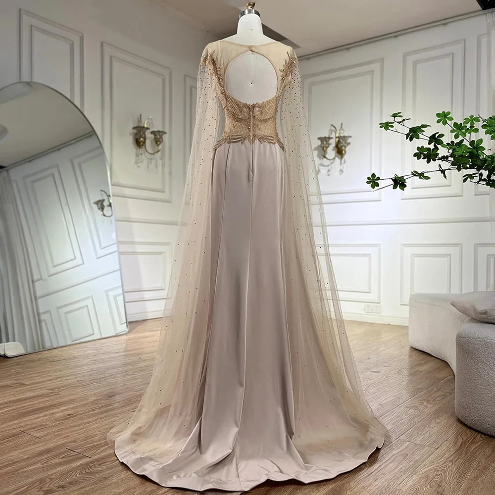 Serene Hill Nude Cape Sleeves Satin A Line Lace Beaded Luxury Dubai Evening Dresses Gowns for Women Wedding Party LA72702 - SERENE HILL