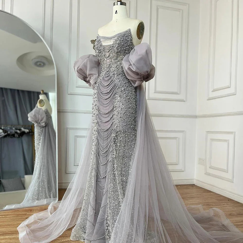 Pearls Purple Mermaid Evening Dress with Cape Sleeves LA72653 - SERENE HILL