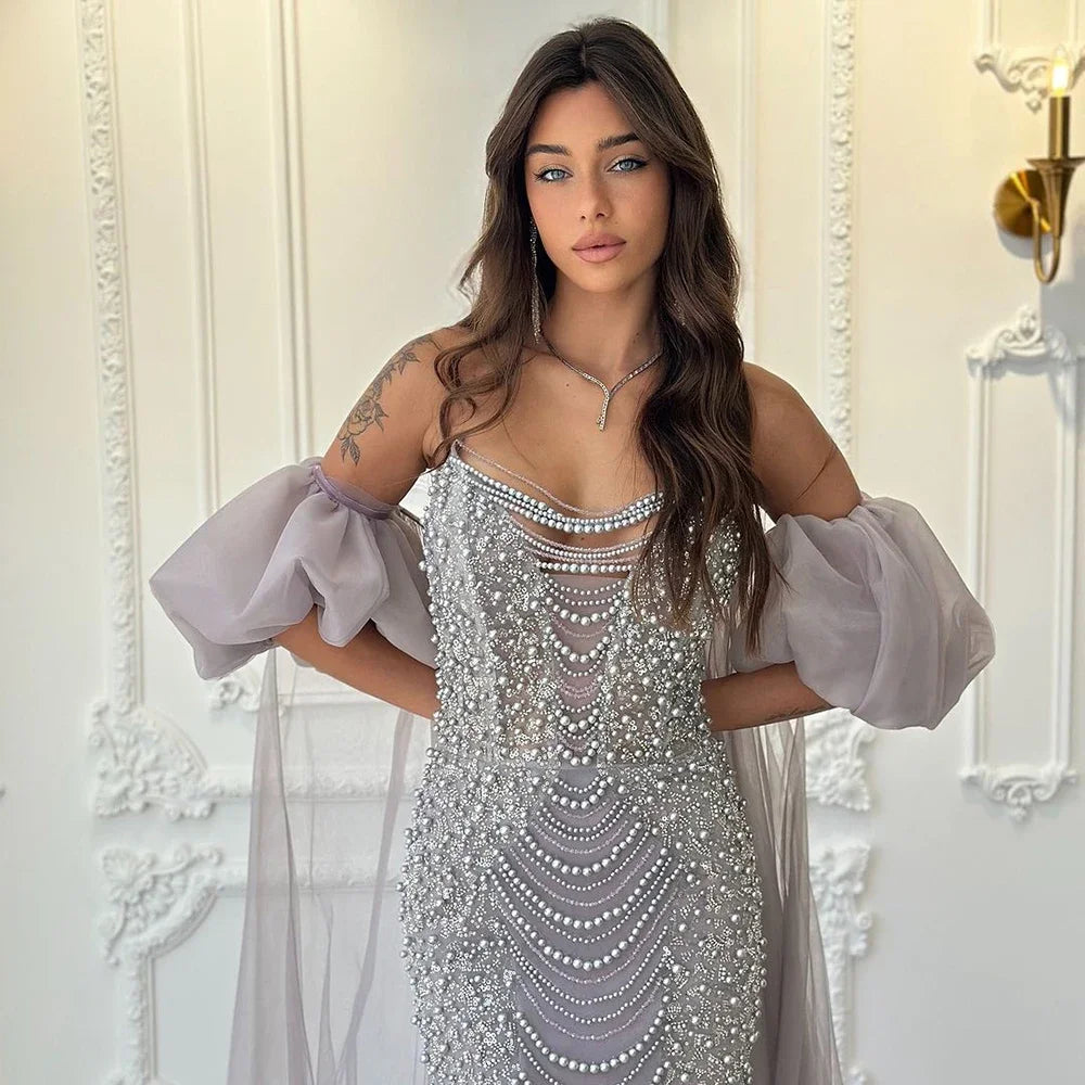 Pearls Purple Mermaid Evening Dress with Cape Sleeves LA72653 - SERENE HILL