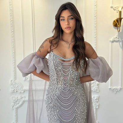 Pearls Purple Mermaid Evening Dress with Cape Sleeves LA72653 - SERENE HILL