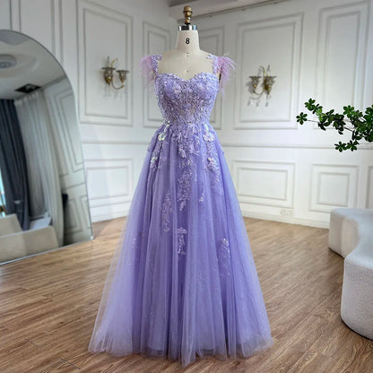 Serene Hill 2025 Lilac Spaghetti Strap Lace-Up Back A-Line Appliques Feathers Prom Dress for Women | Wedding Party LA72623 - SERENE HILL